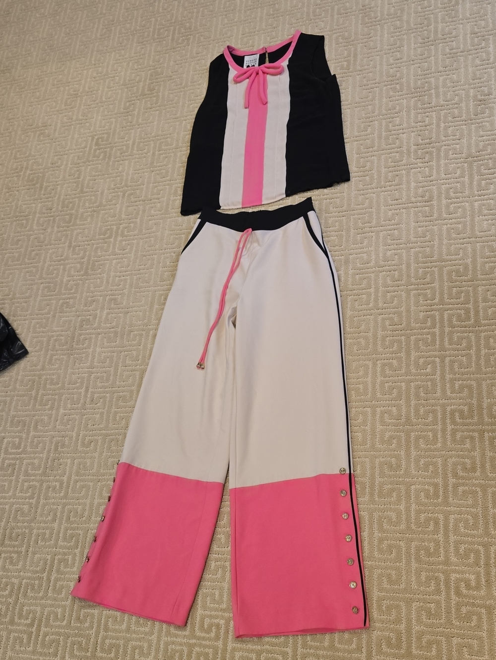 Edward Achour Paris Colorblock Wide-Leg Pants with Matching Top, Size 40